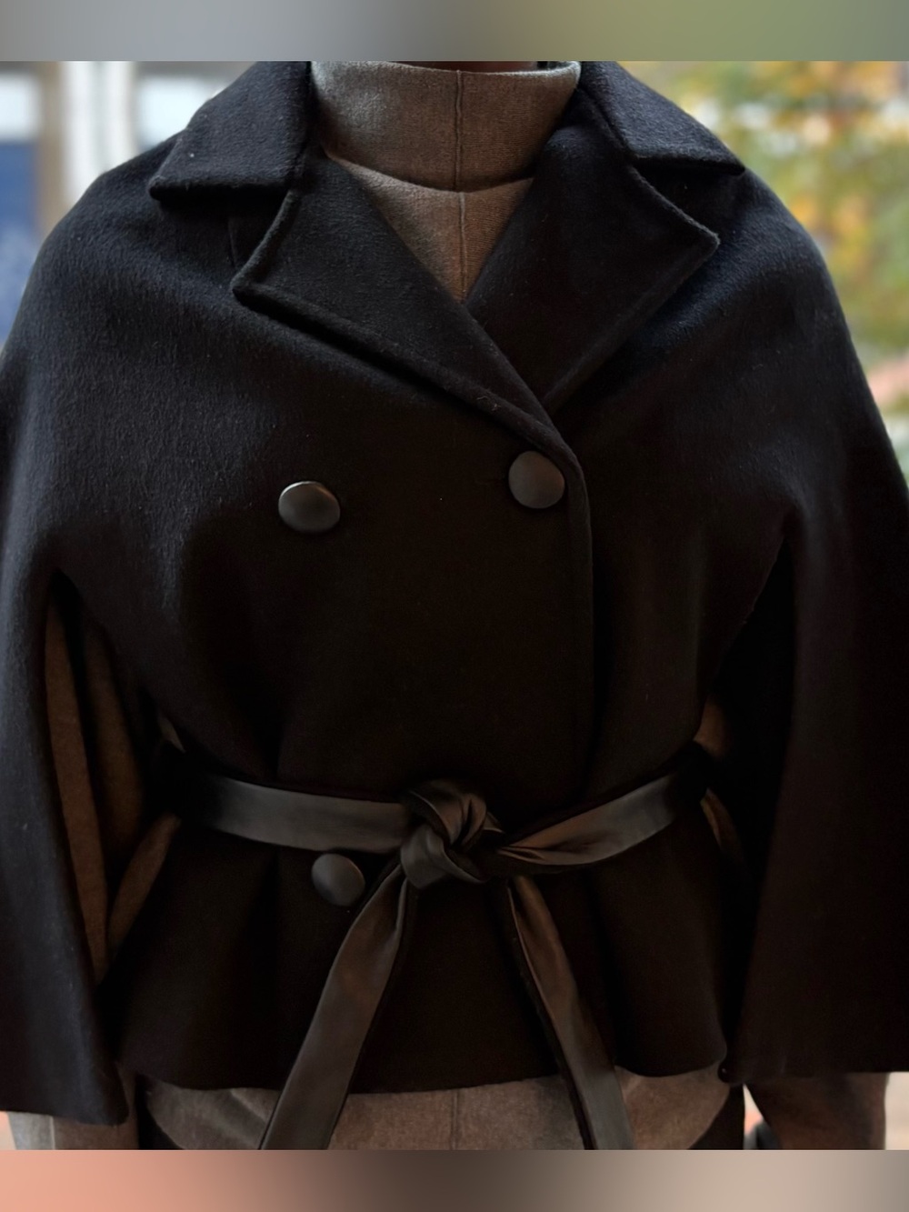 Vintage Black Double-Breasted Wool Cape with Leather Belt